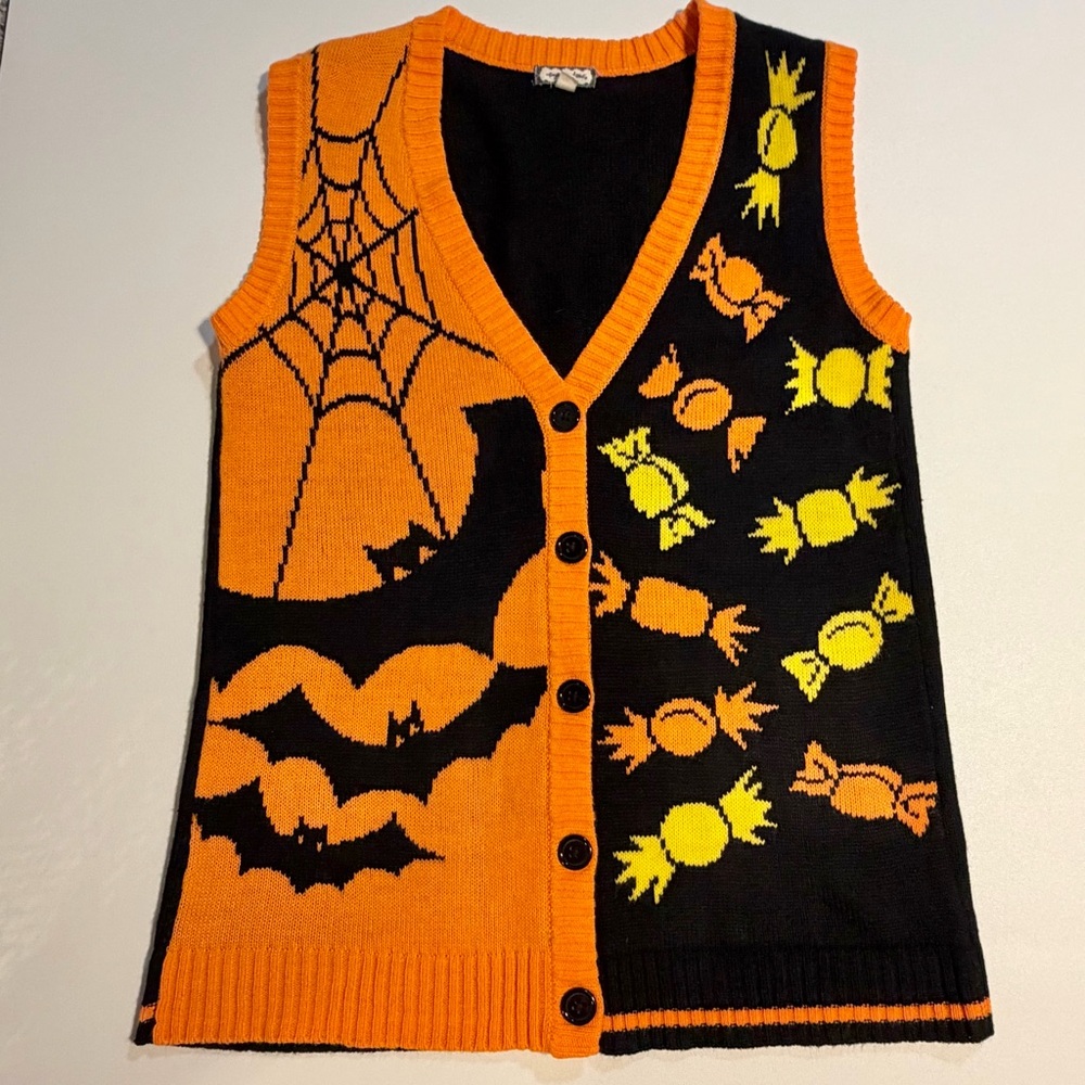 Spooky season Halloween knit sweater cardigan vest‎ trick or treat candy bat y2k - Picture 7 of 10